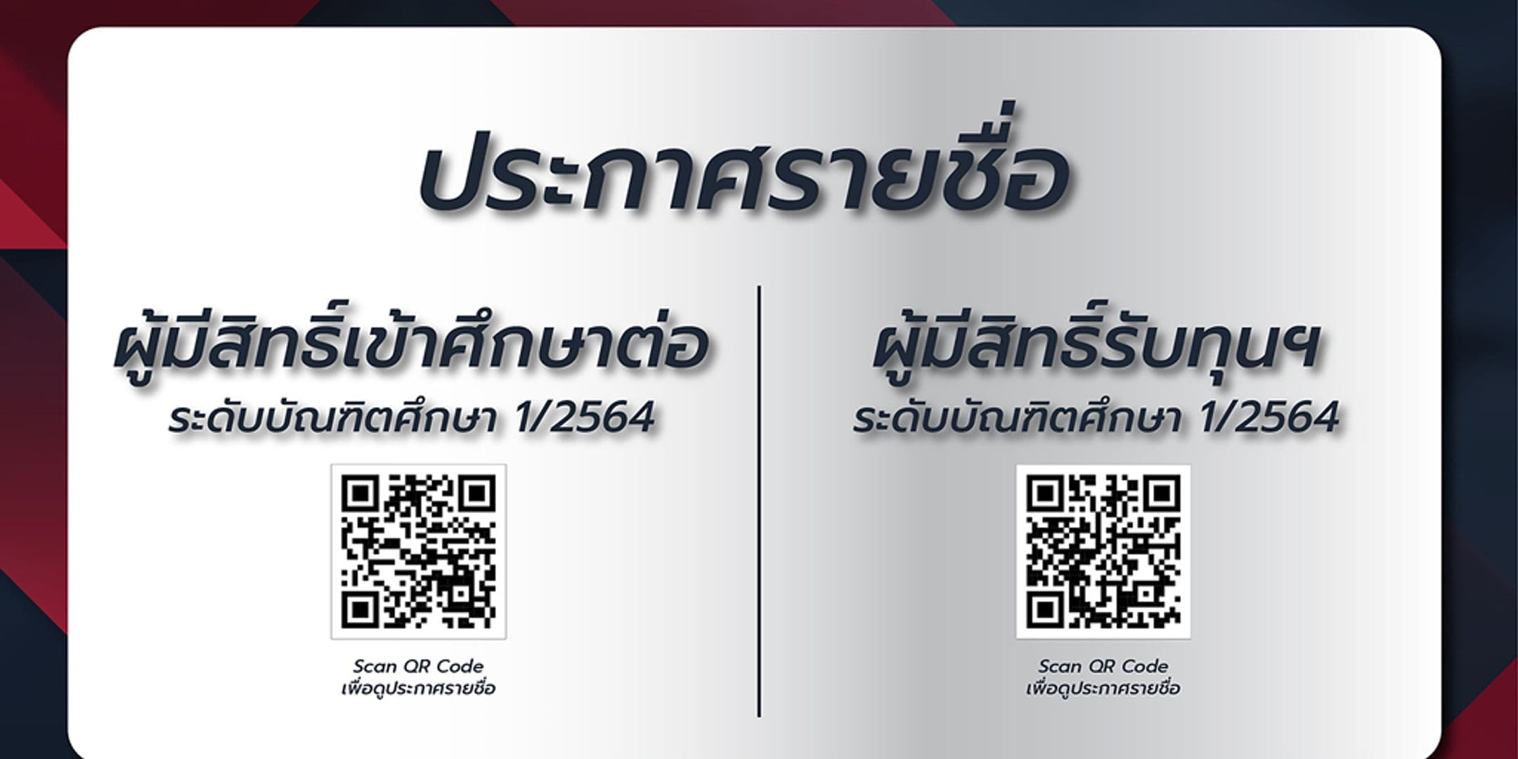 ประกาศรายชื่อผู้มีสิทธิ์เข้าศึกษาต่อและรับทุนฯ ระดับบัณฑิต 1/2564