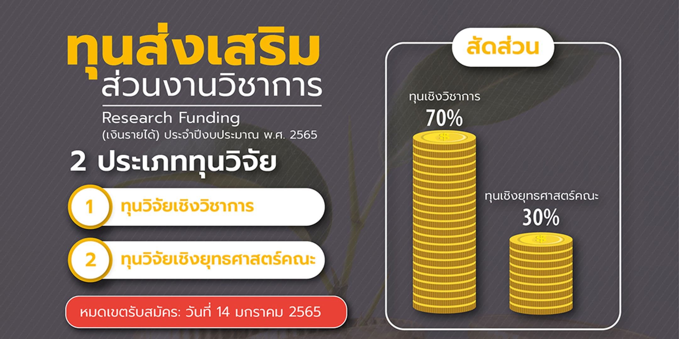 ทุนส่งเสริมส่วนงานวิชาการ (เงินรายได้) ประจำปีงบประมาณ พ.ศ. 2565